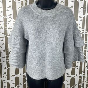 Gianni Bini Ruffled Cropped Sleeve Crewneck Fuzzy Sweater M Gray